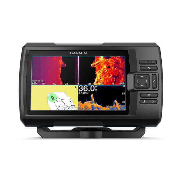 Garmin STRIKER 4, 4 Plus e Vivid — foto oficial Garmin; modelo STRIKER VIVID 7SV + TRANSDUCER GT52HW-TM; SKUs 010-02553-01