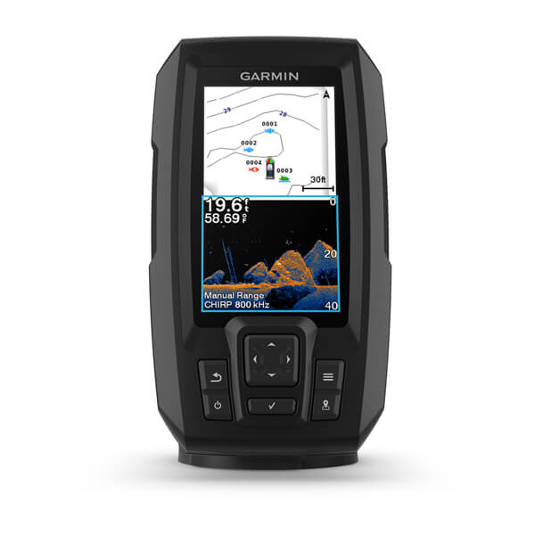 Garmin STRIKER 4, 4 Plus e Vivid — foto oficial Garmin; modelo STRIKER VIVID 4CV + TRANSDUCER GT20-TM; SKUs 010-02550-01