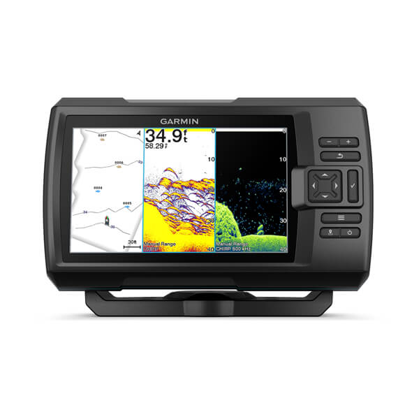 Garmin STRIKER 4, 4 Plus e Vivid — foto oficial Garmin; modelo STRIKER VIVID 7CV + TRANSDUCER GT20-TM; SKUs 010-02552-01