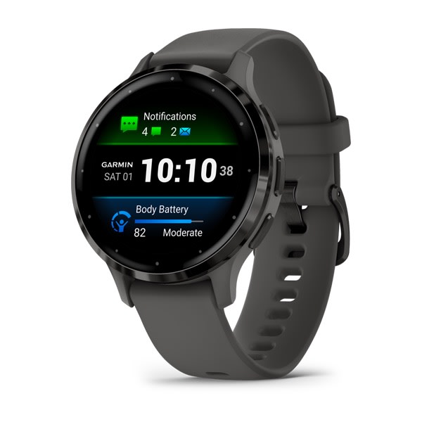 Garmin Venu 3 e Venu 3S — Venu 3S, GPS, Wi-Fi, Pebble Gray + Slate; foto oficial Garmin; SKU 010-02785-00