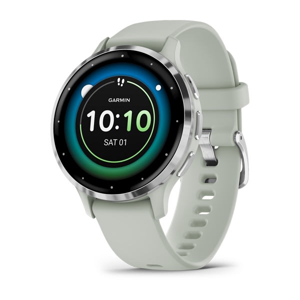 Garmin Venu 3 e Venu 3S — Venu 3S, GPS, Wi-Fi, Sage Gray + Passivated; foto oficial Garmin; SKU 010-02785-01