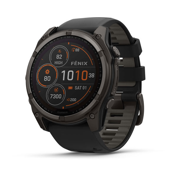 Garmin fēnix 8 AMOLED e Solar — fenix 8 51mm,Saph Solar,CrbnGry Ti/Blk,Blk/PblGry Bnd; foto oficial Garmin; SKU 010-02907-10