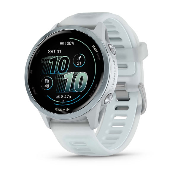 Garmin Forerunner 570 42 mm e 47 mm — 42 mm / Whitestone/Azul Nuvem; foto oficial Garmin; SKU 010-02970-01
