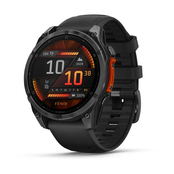 Garmin fēnix 8 AMOLED e Solar — fenix 8 47mm,AMOLED,Glass/SS,SlateGray Steel/Black,BlkBnd; foto oficial Garmin; SKU 010-02904-00
