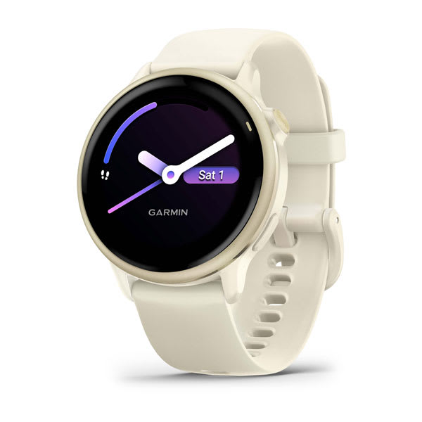 Garmin vívoactive 5 e 6 — vivoactive 6, GPS, Bone/Lunar Gold; foto oficial Garmin; SKU 010-02985-01