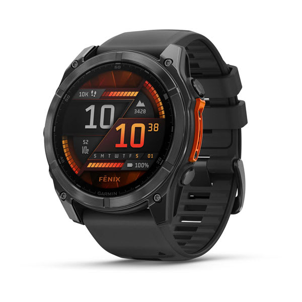 Garmin fēnix 8 AMOLED e Solar — FENIX 8 AMOLED 51MM SLATE GRAY - BLACK BAND; foto oficial Garmin; SKU 010-02905-00