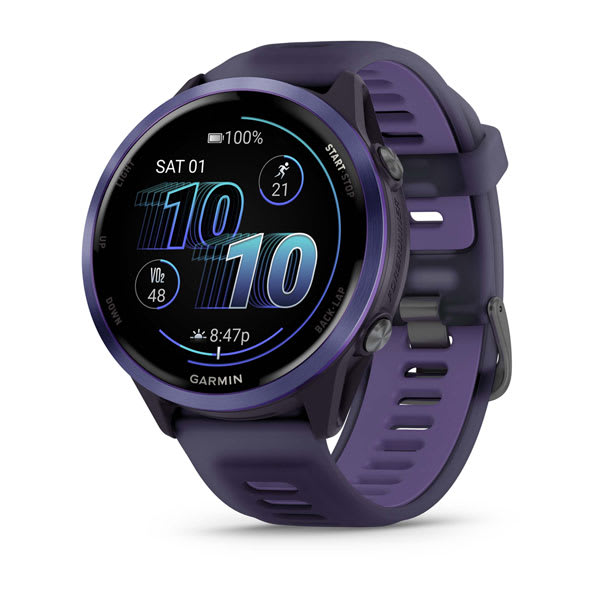 Garmin Forerunner 570 42 mm e 47 mm — 47 mm / Roxo Imperial/Índigo; foto oficial Garmin; SKU 010-02971-02