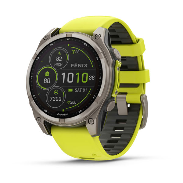 Garmin fēnix 8 AMOLED e Solar — fenix 8 47mm,Saph Solar,BareTi/Graphite,AmpYellow/GrphBnd; foto oficial Garmin; SKU 010-02906-20