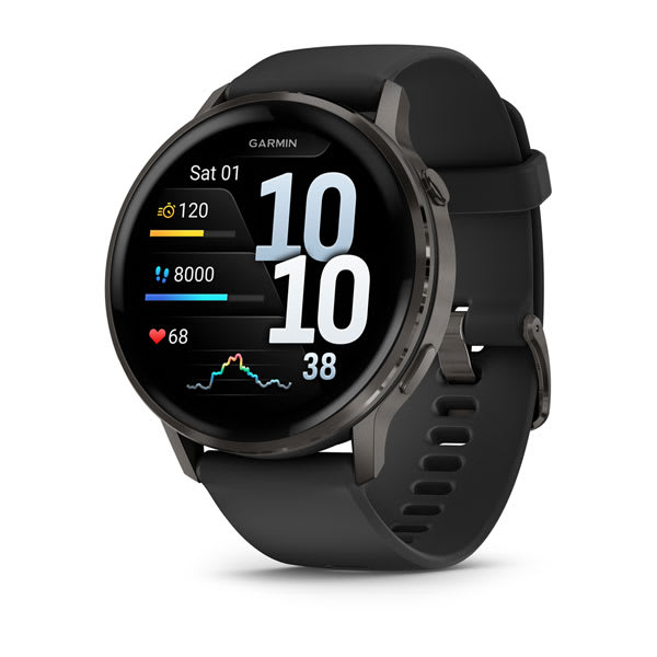 Garmin Venu 4 41 mm e 45 mm — Venu 4 (45mm), GPS, Wi-Fi, Black w/ Slate + Black; foto oficial Garmin; SKU 010-03014-00