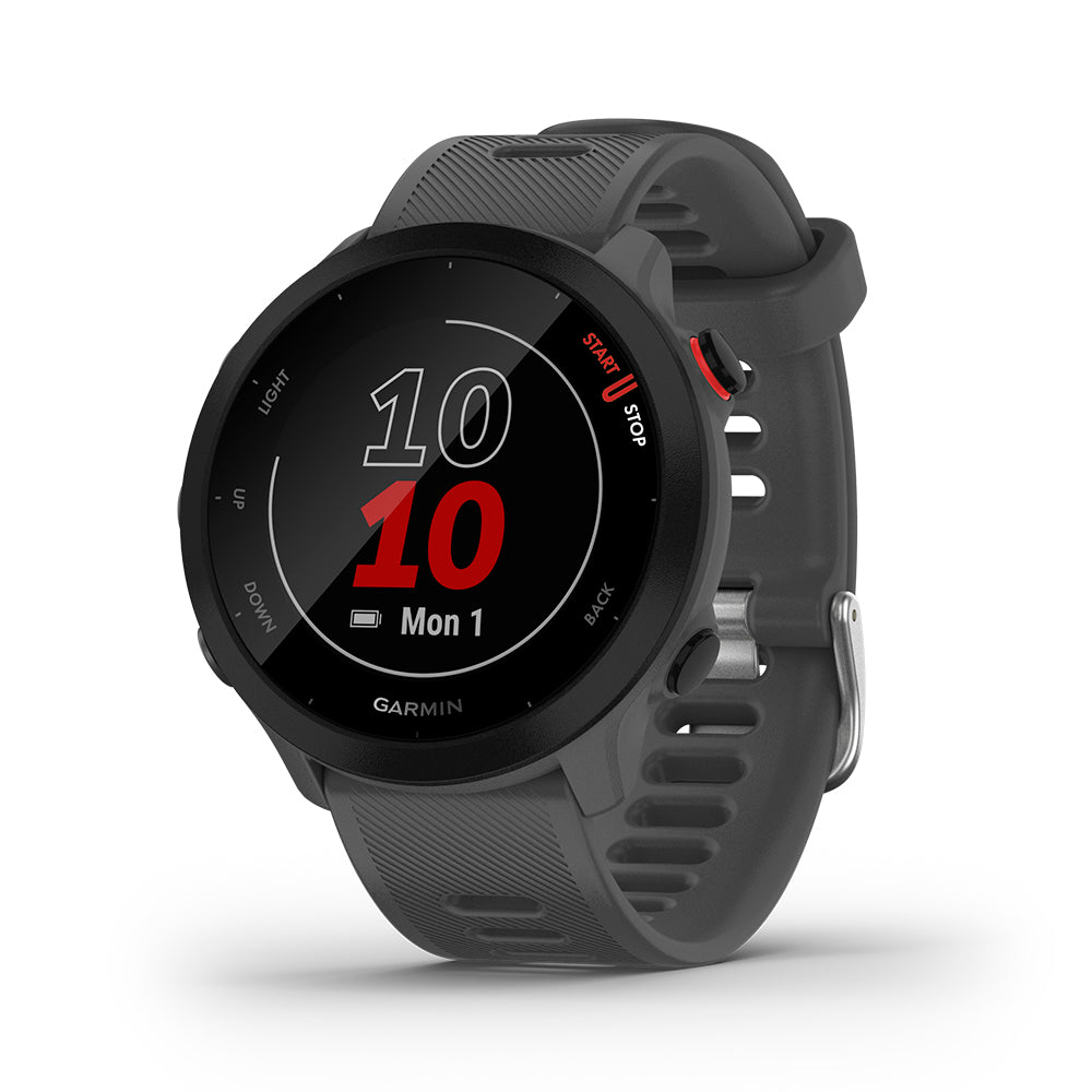 Garmin Forerunner 55 42 mm — FR 55 GREY 42MM; foto oficial Garmin; SKU 010-02562-13