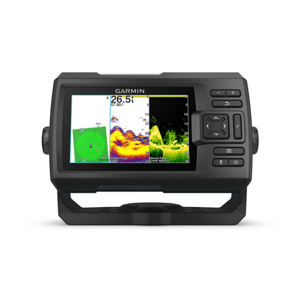 Garmin STRIKER 4, 4 Plus e Vivid — foto oficial Garmin; modelo STRIKER VIVID 5CV + TRANSDUCER GT20-TM; SKUs 010-02551-01