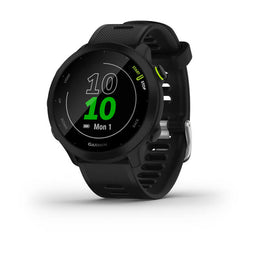 Garmin Forerunner 55 42 mm — foto oficial Garmin; modelo FORERUNNER 55 42MM BLACK / FORERUNNER 55 42MM EUR BLACK; SKUs 010-02562-00, 010-02562-14