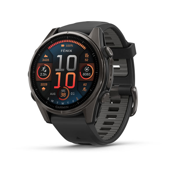 Garmin fēnix 8 AMOLED e Solar — fenix 8 43mm,AMOLED,Saph,CrbnGry Ti/Blk,Blk/PebbleGraybnd; foto oficial Garmin; SKU 010-02903-20