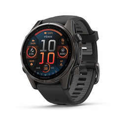 Garmin fēnix 8 AMOLED e Solar — fenix 8 43mm,AMOLED,Saph,CrbnGry Ti/Blk,Blk/PebbleGraybnd; foto oficial Garmin; SKU 010-02903-20