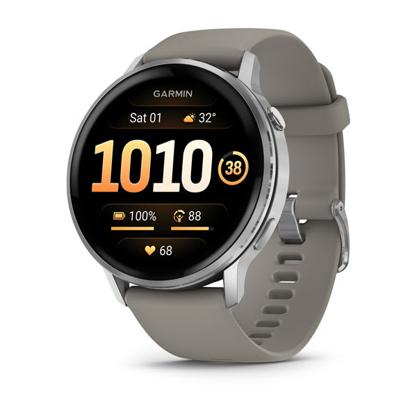Garmin Venu 4 41 mm e 45 mm — Venu 4 (45mm), GPS, Wi-Fi, Black w/ Silver + Gray; foto oficial Garmin; SKU 010-03014-01
