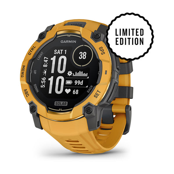 Garmin Instinct 3 AMOLED, Solar e Tactical — Instinct 3,50mm,Solar,Sunburst/Gray, Sunburst/Gray Band; foto oficial Garmin; SKU 010-02935-02