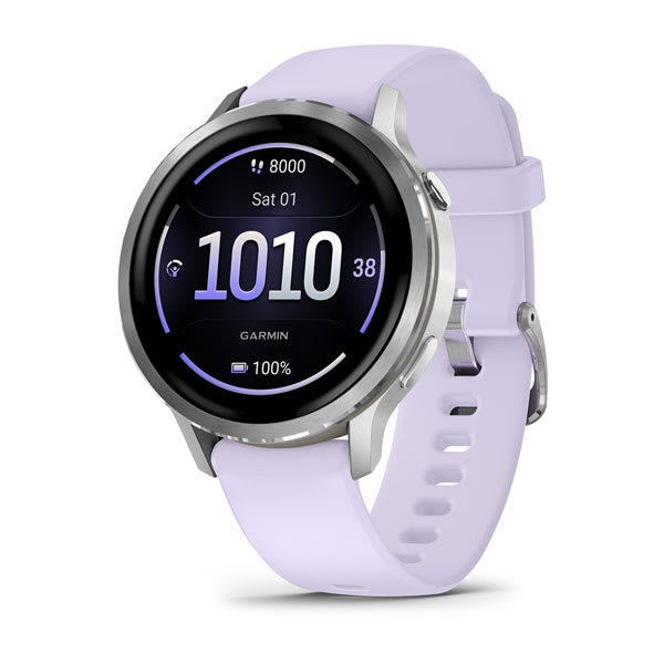 Garmin Venu 4 41 mm e 45 mm — Venu 4 (41mm), GPS, Wi-Fi, Gray w/ Silver + Periwinkle; foto oficial Garmin; SKU 010-03013-01