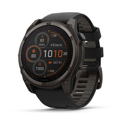 Garmin fēnix 8 AMOLED e Solar — fenix 8 51mm,Saph Solar,CrbnGry Ti/Blk,Blk/PblGry Bnd; foto oficial Garmin; SKU 010-02907-10