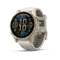 Garmin fēnix 8 AMOLED e Solar — fenix 8 43mm,AMOLED,Saph,SftGld SS/FogGry,FogGry/DkSndbnd; foto oficial Garmin; SKU 010-02903-10