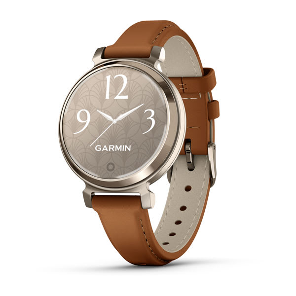 Garmin Lily 2 e Lily 2 Classic — LILY 2 CLASSIC 35.4MM CREAM GOLD - TAN LEATHER BAND; foto oficial Garmin; SKU 010-02839-02