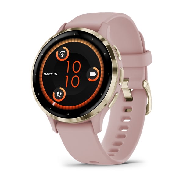 Garmin Venu 3 e Venu 3S — Venu 3S, GPS, Wi-Fi, Dust Rose + Soft Gold; foto oficial Garmin; SKU 010-02785-03