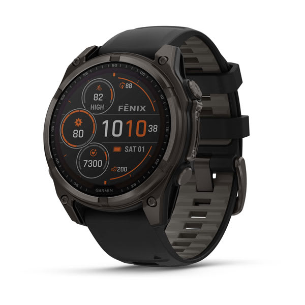 Garmin fēnix 8 AMOLED e Solar — fenix 8 47mm,Saph Solar,CrbnGry Ti/Blk,Blk/PblGry Bnd; foto oficial Garmin; SKU 010-02906-10