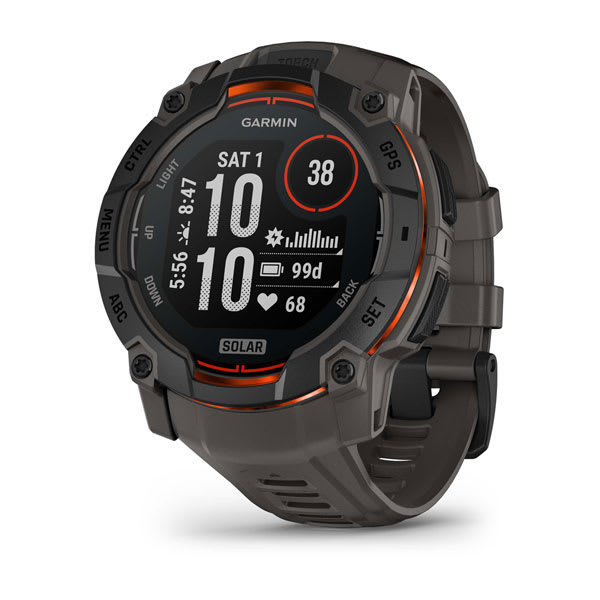 Garmin Instinct 3 AMOLED, Solar e Tactical — Instinct 3,50mm,Solar,Black Bezel with Charcoal Band; foto oficial Garmin; SKU 010-02935-00