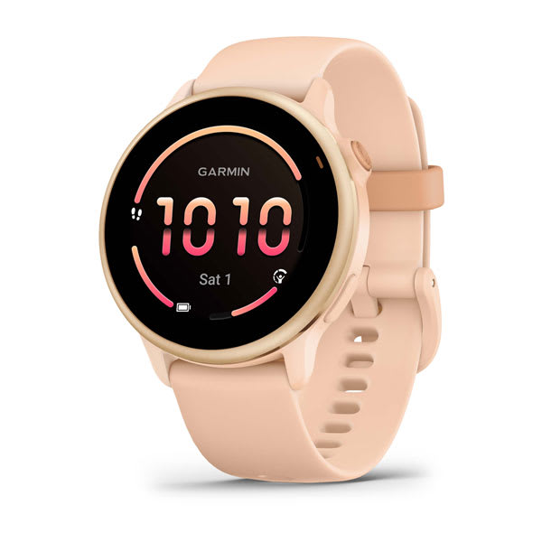Garmin vívoactive 5 e 6 — vivoactive 6, GPS, Pink Dawn/P. Dawn Metallic; foto oficial Garmin; SKU 010-02985-03