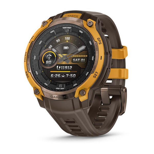 Garmin Instinct Crossover AMOLED e Tactical — Instinct Crossover AMOLED, BronzeSunburst/Cocoa; foto oficial Garmin; SKU 010-03398-01