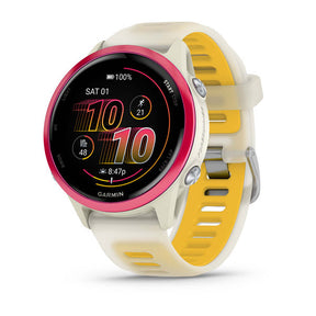 Garmin Forerunner 570 42 mm e 47 mm — 42 mm / Bone/Framboesa/Manga; foto oficial Garmin; SKU 010-02970-02