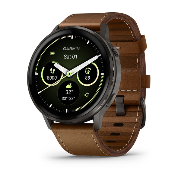 Garmin Venu 4 41 mm e 45 mm — Venu 4 (45mm), GPS, Wi-Fi, Black w/ Slate + Leather; foto oficial Garmin; SKU 010-03014-03