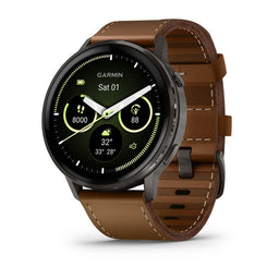 Garmin Venu 4 41 mm e 45 mm — Venu 4 (45mm), GPS, Wi-Fi, Black w/ Slate + Leather; foto oficial Garmin; SKU 010-03014-03