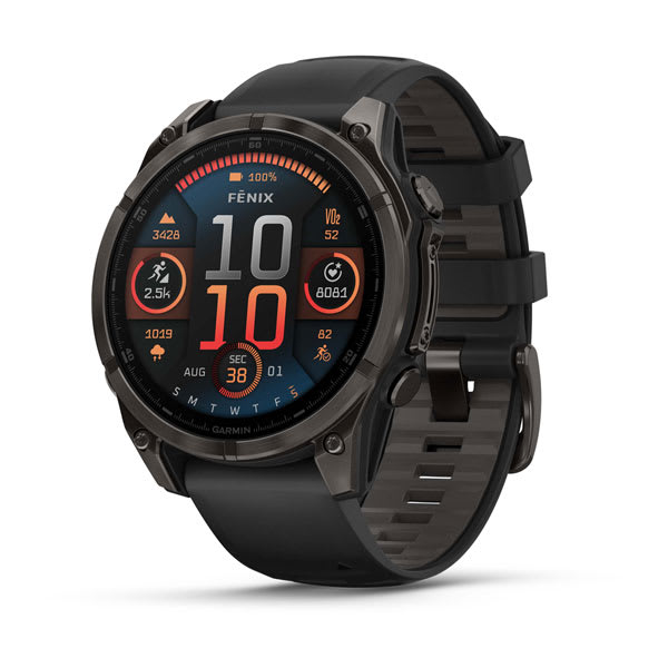 Garmin fēnix 8 AMOLED e Solar — fenix 8 47mm,AMOLED,Saph,CrbnGry Ti/Blk,Blk/PebbleGryBnd; foto oficial Garmin; SKU 010-02904-20