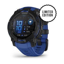 Garmin Instinct 3 AMOLED, Solar e Tactical — Instinct 3, 45mm AMOLED, Black and Bolt Blue; foto oficial Garmin; SKU 010-02936-03
