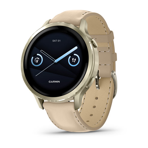 Garmin Venu 4 41 mm e 45 mm — Venu 4 (41mm), GPS, Wi-Fi, Beige w/ Lunar Gold + Leather; foto oficial Garmin; SKU 010-03013-03