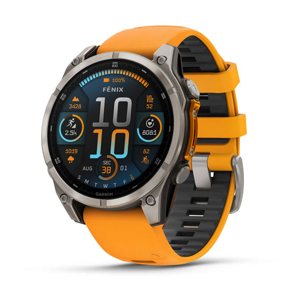 Garmin fēnix 8 AMOLED e Solar — fenix 8 47mm,AMOLED,Saph,Ti/Bare/Grpht,SparkOrg/GrphtBd; foto oficial Garmin; SKU 010-02904-10