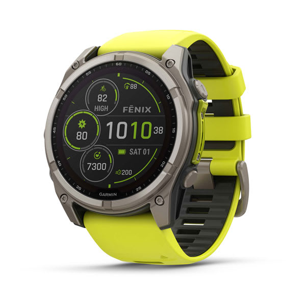 Garmin fēnix 8 AMOLED e Solar — fenix 8 51mm,Saph Solar,BareTi/Graphite,AmpYellow/GrphBnd; foto oficial Garmin; SKU 010-02907-20