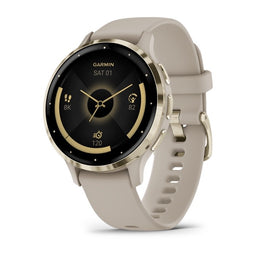Garmin Venu 3 e Venu 3S — Venu 3S, GPS, Wi-Fi, French Gray + Soft Gold; foto oficial Garmin; SKU 010-02785-02