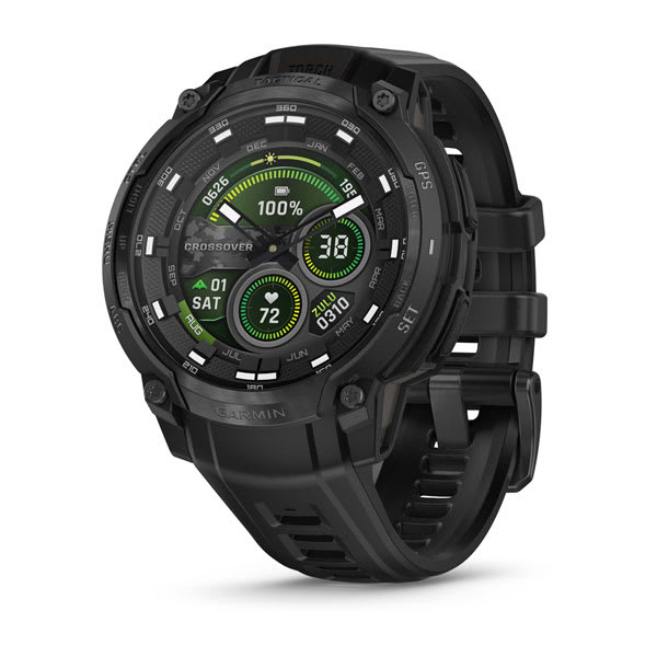 Garmin Instinct Crossover AMOLED e Tactical — Instinct Crossover AMOLED, Tactical, Black/Black; foto oficial Garmin; SKU 010-03398-02
