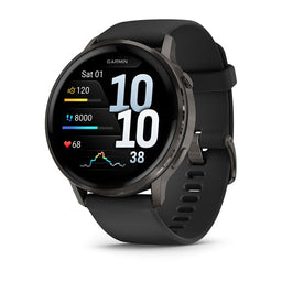 Garmin Venu 4 41 mm e 45 mm — Venu 4 (45mm), GPS, Wi-Fi, Black w/ Slate + Black; foto oficial Garmin; SKU 010-03014-00
