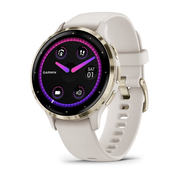 Garmin Venu 3 e Venu 3S — Venu 3S, GPS, Wi-Fi, Ivory + Soft Gold; foto oficial Garmin; SKU 010-02785-04